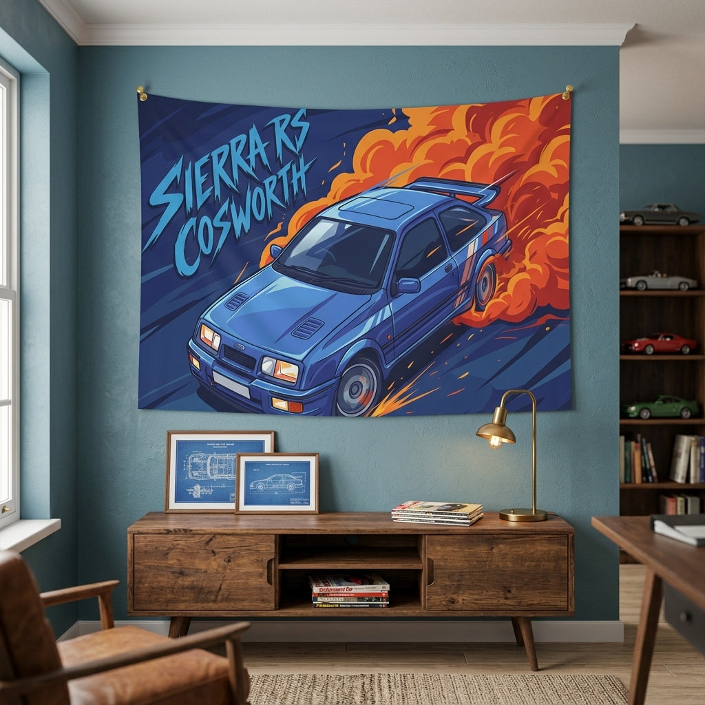 Ford Sierra RS Cosworth Blue Whale Tail Spoiler Aerial Bold Graphic Car Wall Art Tapestry
