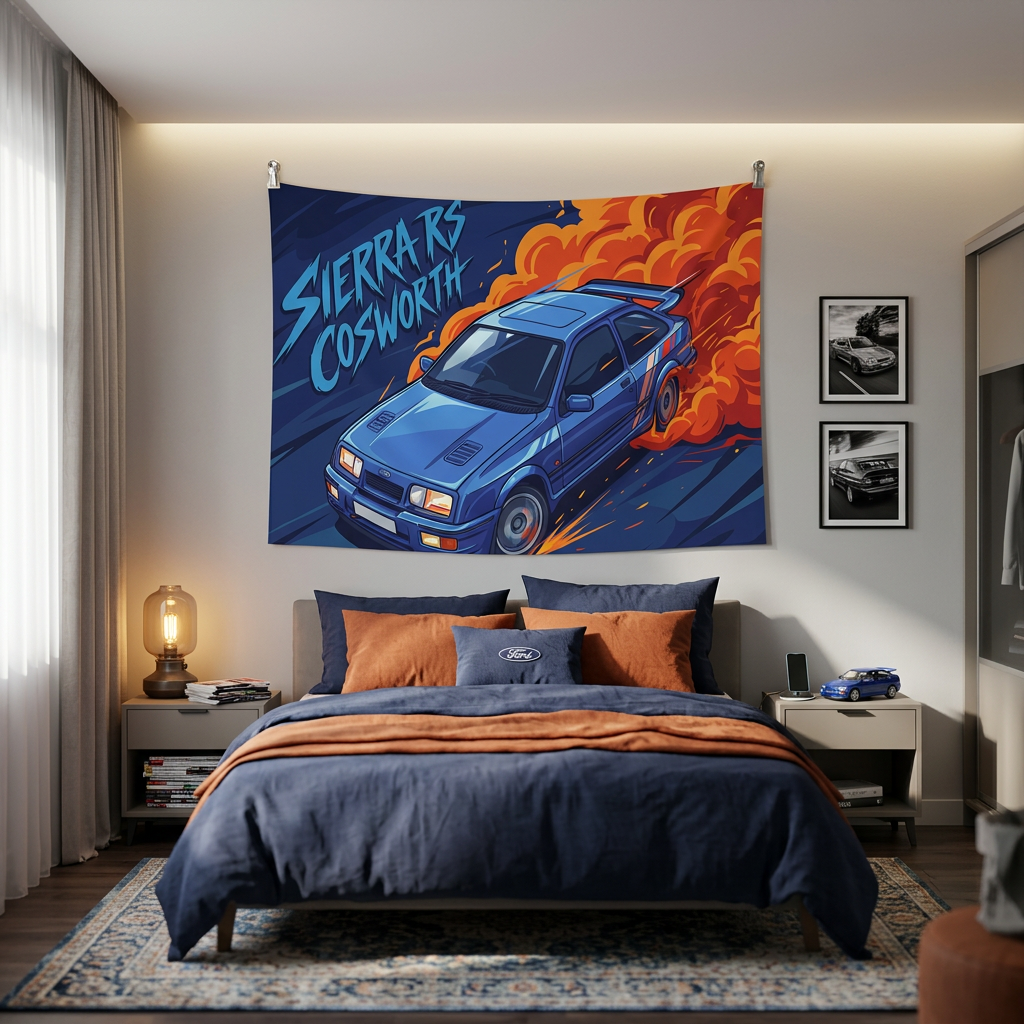 Ford Sierra RS Cosworth Blue Whale Tail Spoiler Aerial Bold Graphic Car Wall Art Tapestry