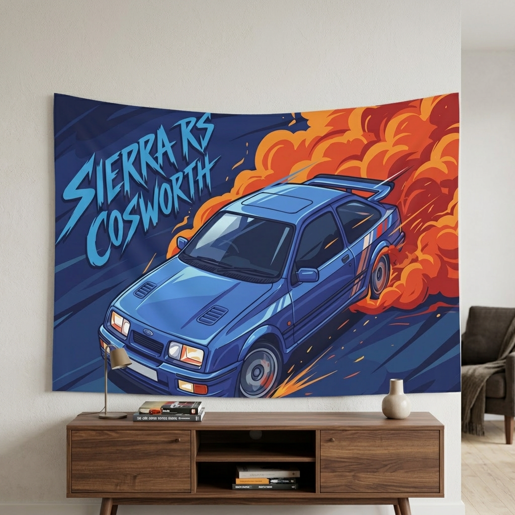 Ford Sierra RS Cosworth Blue Whale Tail Spoiler Aerial Bold Graphic Car Wall Art Tapestry