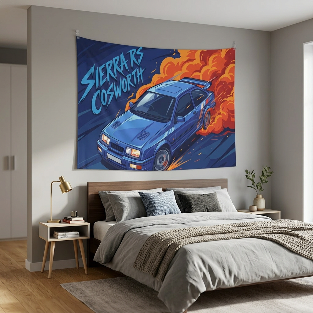 Ford Sierra RS Cosworth Blue Whale Tail Spoiler Aerial Bold Graphic Car Wall Art Tapestry