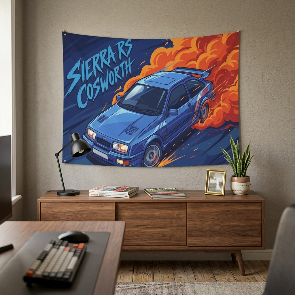 Ford Sierra RS Cosworth Blue Whale Tail Spoiler Aerial Bold Graphic Car Wall Art Tapestry
