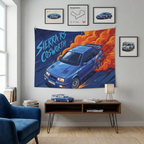 Ford Sierra RS Cosworth Blue Whale Tail Spoiler Aerial Bold Graphic Car Wall Art Tapestry