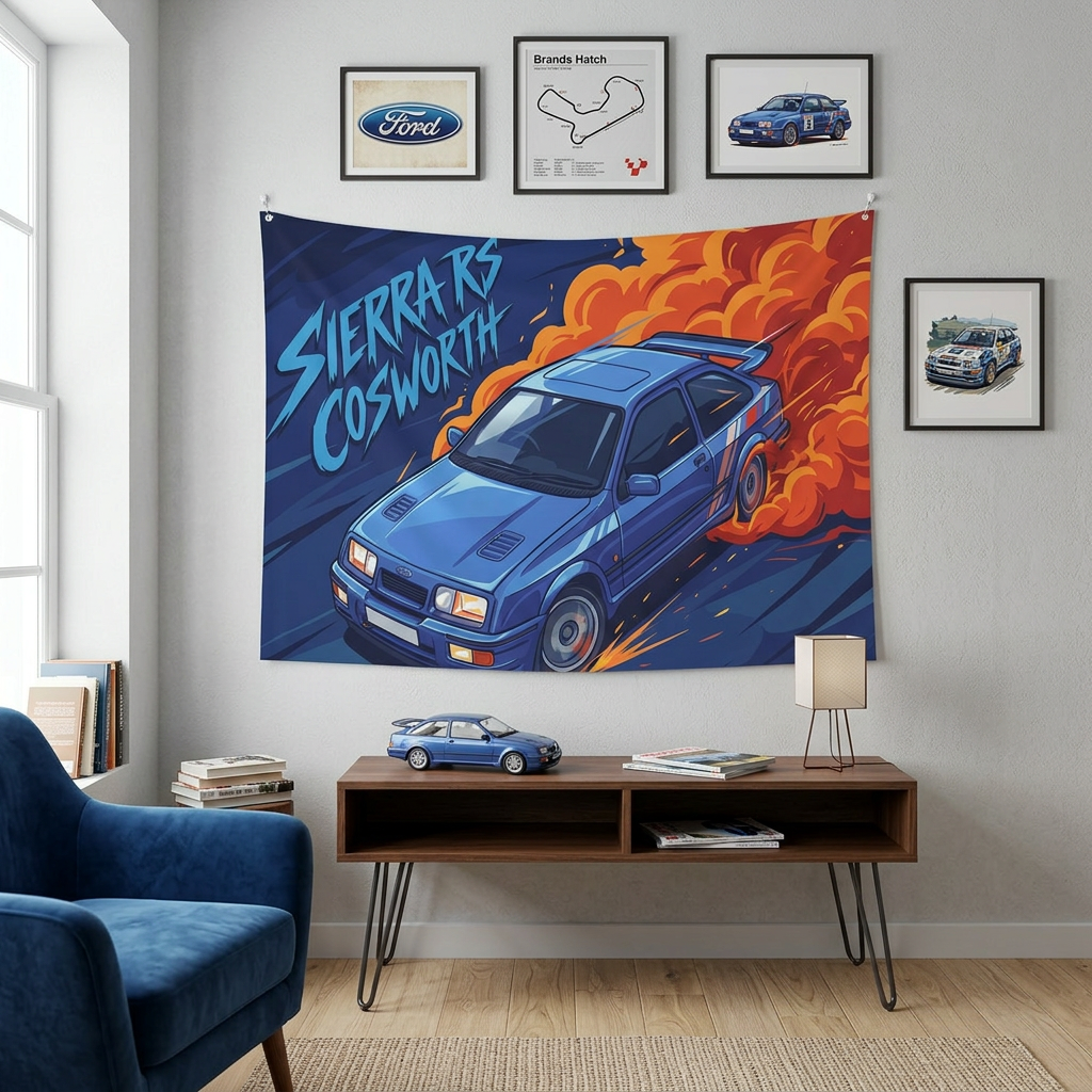 Ford Sierra RS Cosworth Blue Whale Tail Spoiler Aerial Bold Graphic Car Wall Art Tapestry