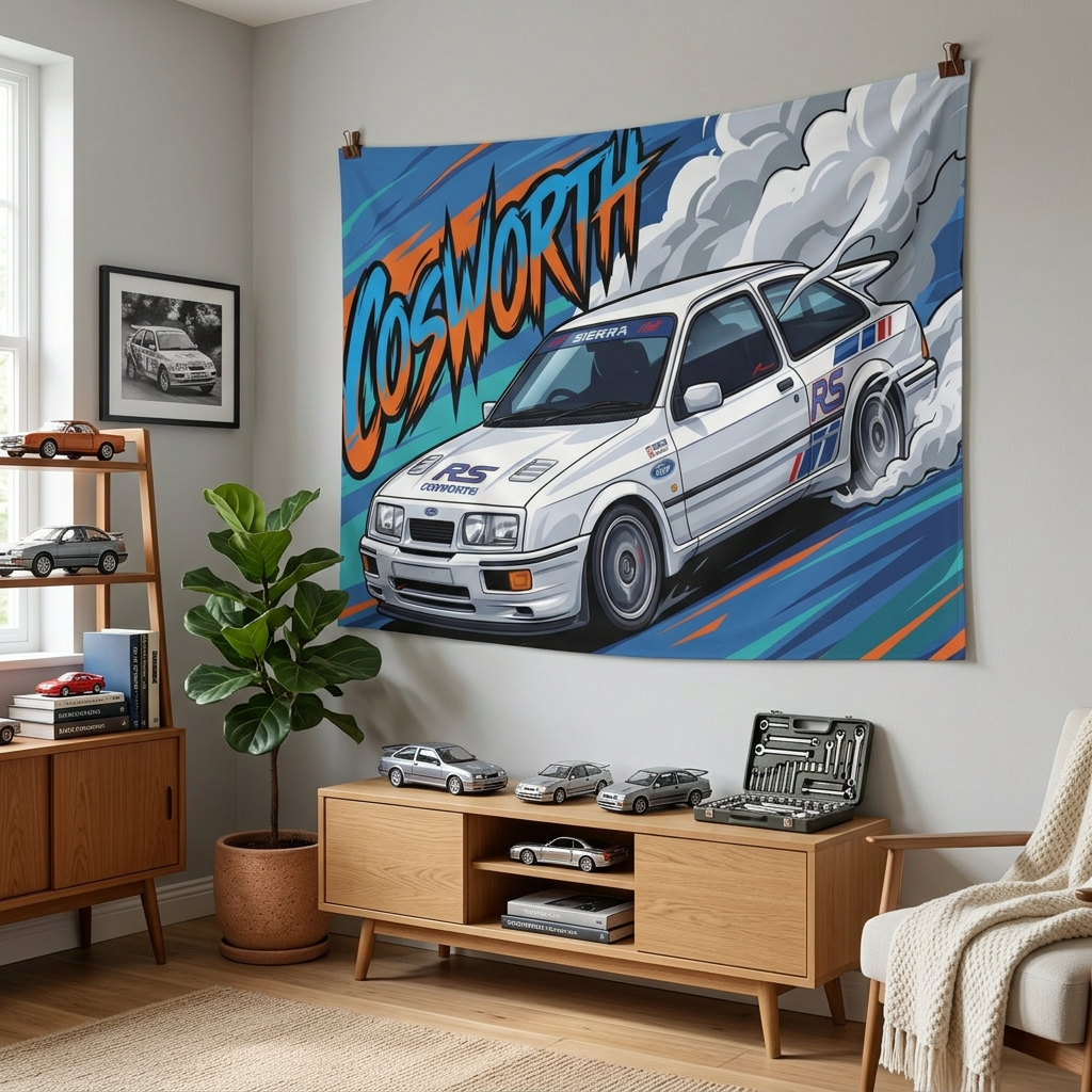 Ford Sierra RS Cosworth White RS Livery Touring Car Bold Graphic Car Wall Art Tapestry