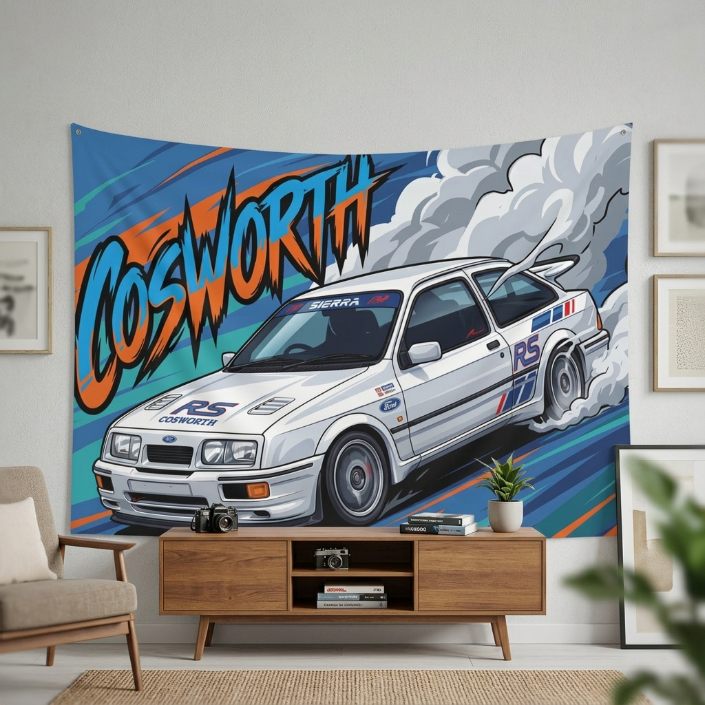 Ford Sierra RS Cosworth White RS Livery Touring Car Bold Graphic Car Wall Art Tapestry