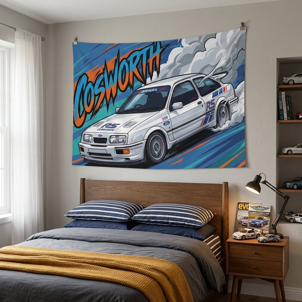 Ford Sierra RS Cosworth White RS Livery Touring Car Bold Graphic Car Wall Art Tapestry