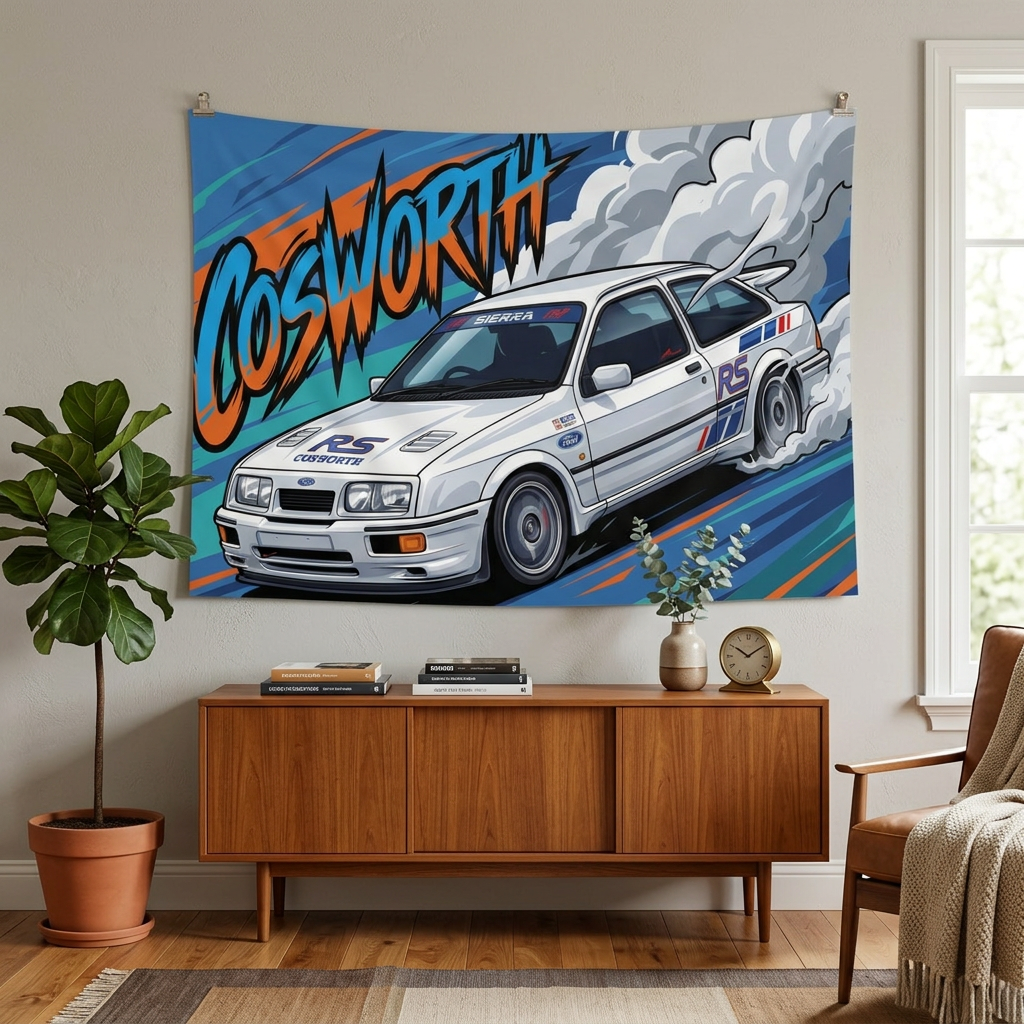 Ford Sierra RS Cosworth White RS Livery Touring Car Bold Graphic Car Wall Art Tapestry