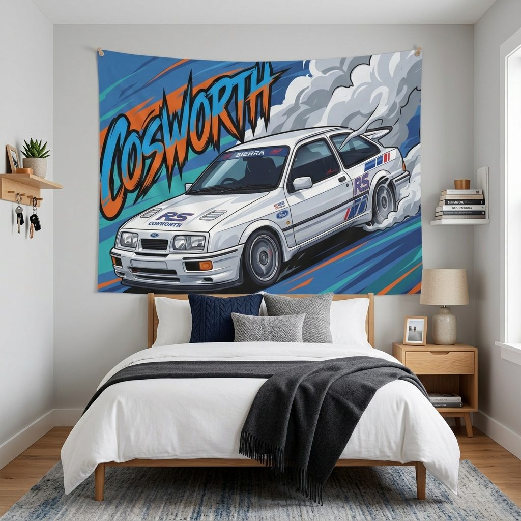 Ford Sierra RS Cosworth White RS Livery Touring Car Bold Graphic Car Wall Art Tapestry