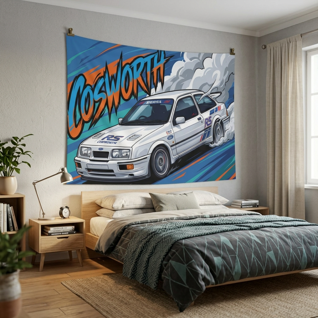 Ford Sierra RS Cosworth White RS Livery Touring Car Bold Graphic Car Wall Art Tapestry