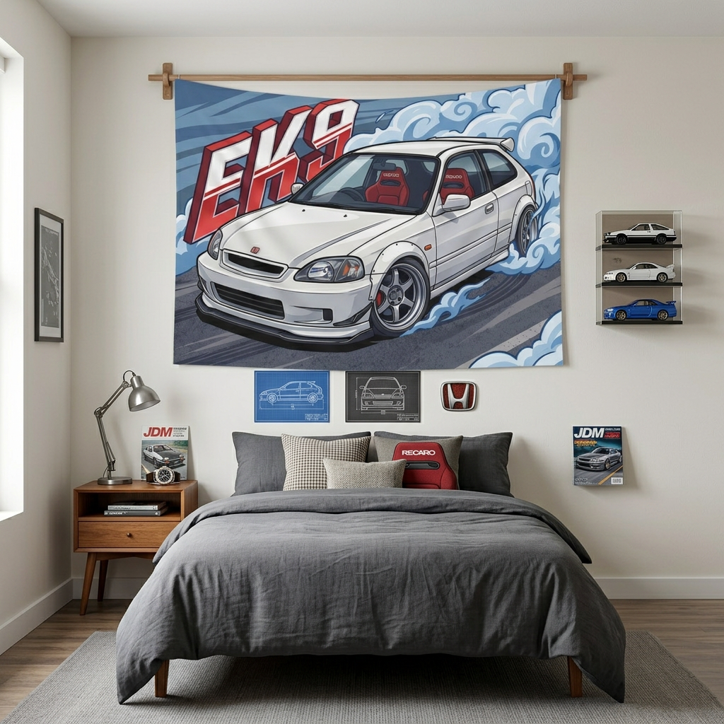 Honda Civic Type R EK9 White Red Recaro Interior Silver Wheels Low Front Bold Graphic Car Wall Art Tapestry