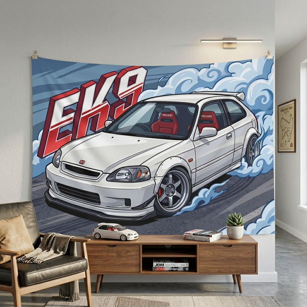 Honda Civic Type R EK9 White Red Recaro Interior Silver Wheels Low Front Bold Graphic Car Wall Art Tapestry