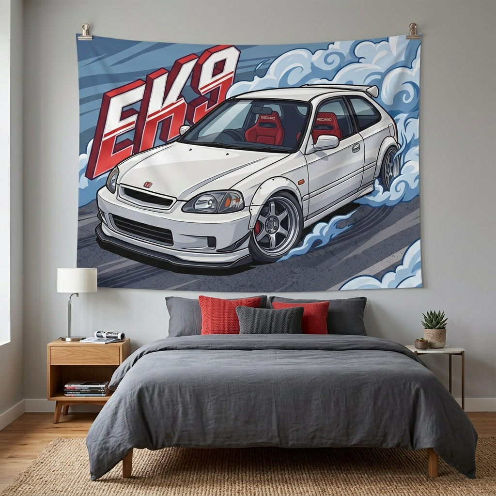 Honda Civic Type R EK9 White Red Recaro Interior Silver Wheels Low Front Bold Graphic Car Wall Art Tapestry