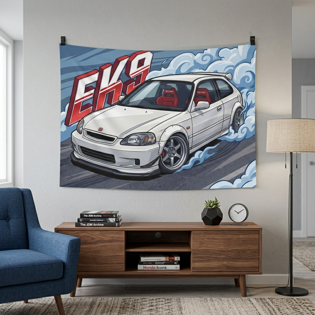 Honda Civic Type R EK9 White Red Recaro Interior Silver Wheels Low Front Bold Graphic Car Wall Art Tapestry