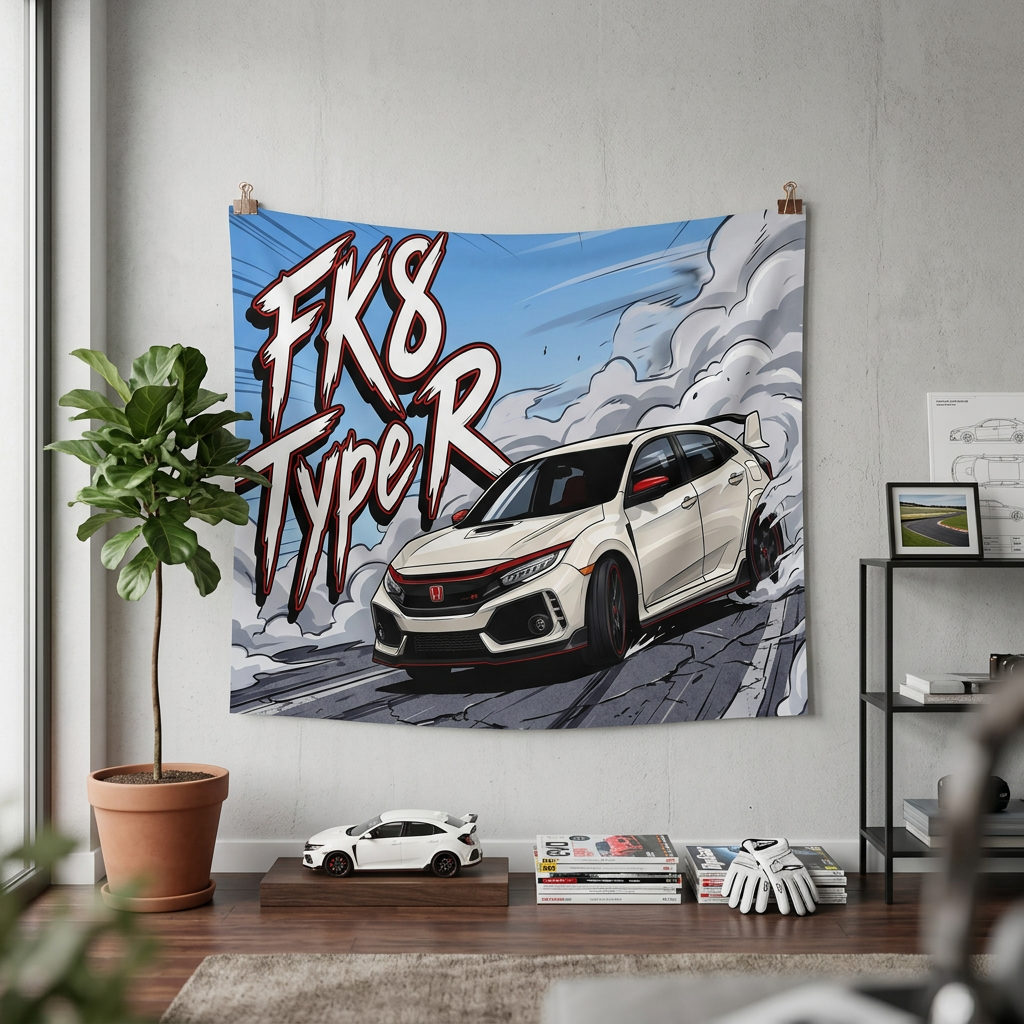 Honda Civic Type R FK8 White Red Trim Dark Wheels Rear Wing Street Bold Graphic Car Wall Art Tapestry