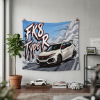 Honda Civic Type R FK8 White Red Trim Dark Wheels Rear Wing Street Bold Graphic Car Wall Art Tapestry