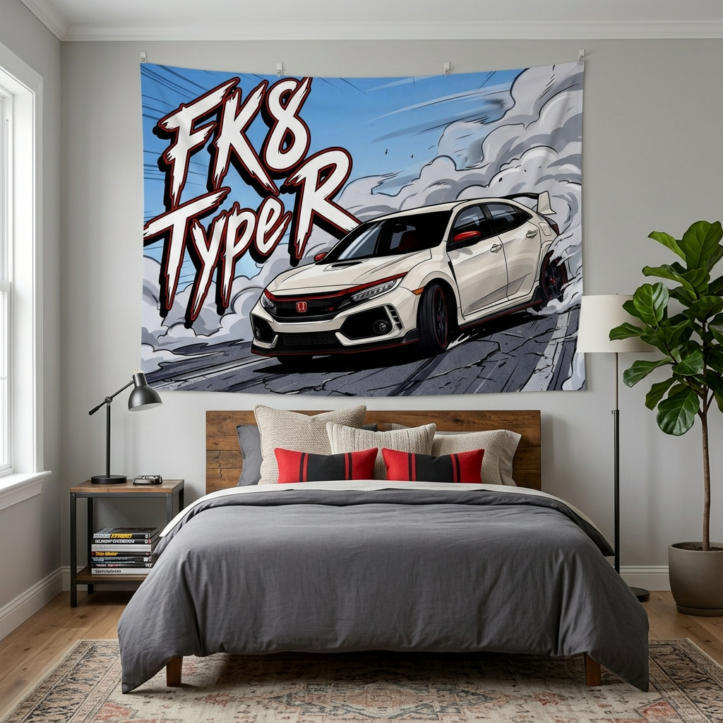 Honda Civic Type R FK8 White Red Trim Dark Wheels Rear Wing Street Bold Graphic Car Wall Art Tapestry