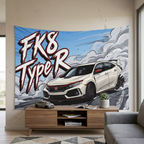 Honda Civic Type R FK8 White Red Trim Dark Wheels Rear Wing Street Bold Graphic Car Wall Art Tapestry
