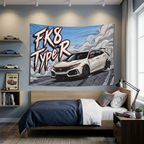 Honda Civic Type R FK8 White Red Trim Dark Wheels Rear Wing Street Bold Graphic Car Wall Art Tapestry