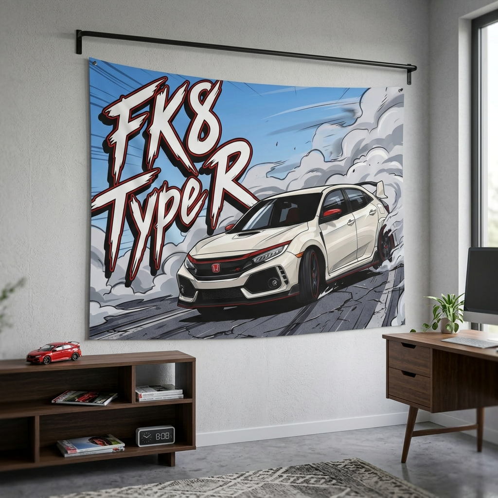 Honda Civic Type R FK8 White Red Trim Dark Wheels Rear Wing Street Bold Graphic Car Wall Art Tapestry