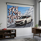Honda Civic Type R FK8 White Red Trim Dark Wheels Rear Wing Street Bold Graphic Car Wall Art Tapestry