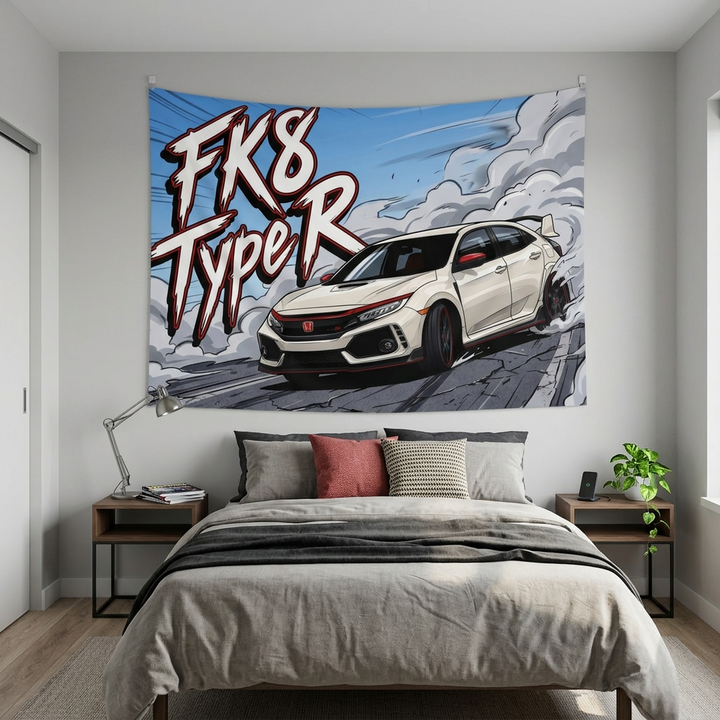 Honda Civic Type R FK8 White Red Trim Dark Wheels Rear Wing Street Bold Graphic Car Wall Art Tapestry