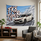 Honda Civic Type R FK8 White Red Trim Dark Wheels Rear Wing Street Bold Graphic Car Wall Art Tapestry