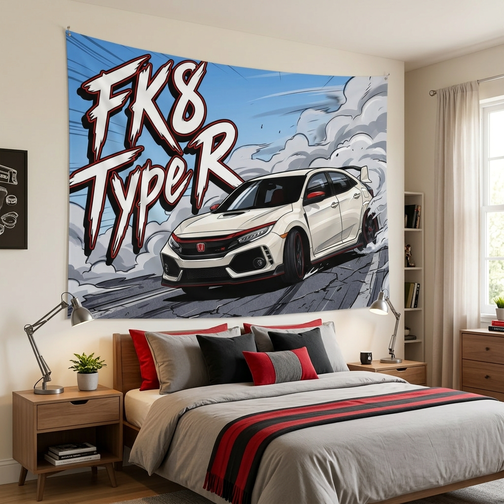 Honda Civic Type R FK8 White Red Trim Dark Wheels Rear Wing Street Bold Graphic Car Wall Art Tapestry