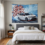 Honda Civic Type R FL5 White Red Trim Dark Wheels Rear Wing Burnout Bold Graphic Car Wall Art Tapestry
