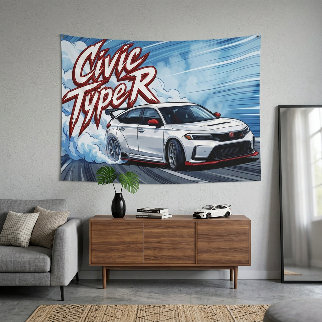 Honda Civic Type R FL5 White Red Trim Dark Wheels Rear Wing Burnout Bold Graphic Car Wall Art Tapestry