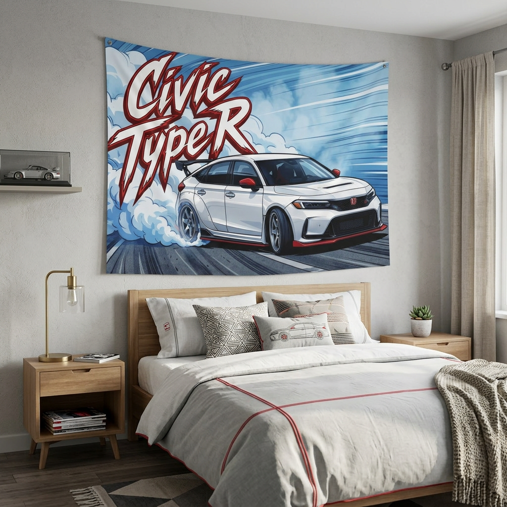 Honda Civic Type R FL5 White Red Trim Dark Wheels Rear Wing Burnout Bold Graphic Car Wall Art Tapestry