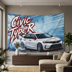Honda Civic Type R FL5 White Red Trim Dark Wheels Rear Wing Burnout Bold Graphic Car Wall Art Tapestry