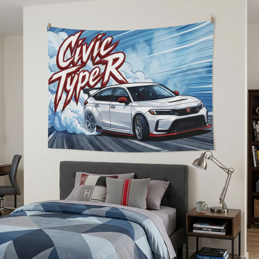 Honda Civic Type R FL5 White Red Trim Dark Wheels Rear Wing Burnout Bold Graphic Car Wall Art Tapestry