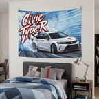 Honda Civic Type R FL5 White Red Trim Dark Wheels Rear Wing Burnout Bold Graphic Car Wall Art Tapestry