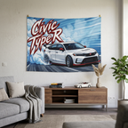 Honda Civic Type R FL5 White Red Trim Dark Wheels Rear Wing Burnout Bold Graphic Car Wall Art Tapestry