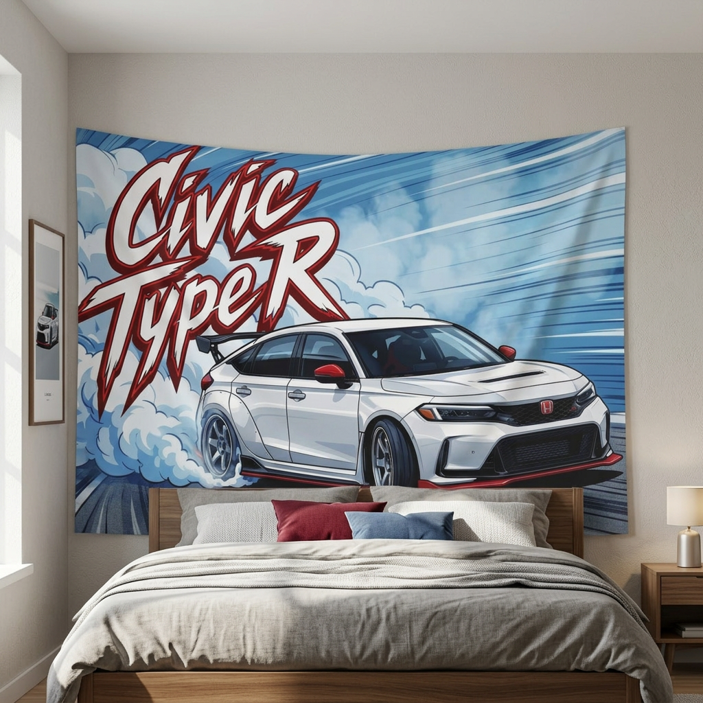 Honda Civic Type R FL5 White Red Trim Dark Wheels Rear Wing Burnout Bold Graphic Car Wall Art Tapestry
