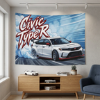 Honda Civic Type R FL5 White Red Trim Dark Wheels Rear Wing Burnout Bold Graphic Car Wall Art Tapestry