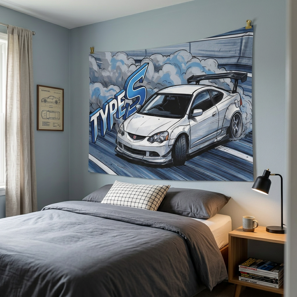 Honda Integra DC5 Type S White GT Wing Dark Wheels Low Front Track Bold Graphic Car Wall Art Tapestry