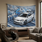 Honda Integra DC5 Type S White GT Wing Dark Wheels Low Front Track Bold Graphic Car Wall Art Tapestry