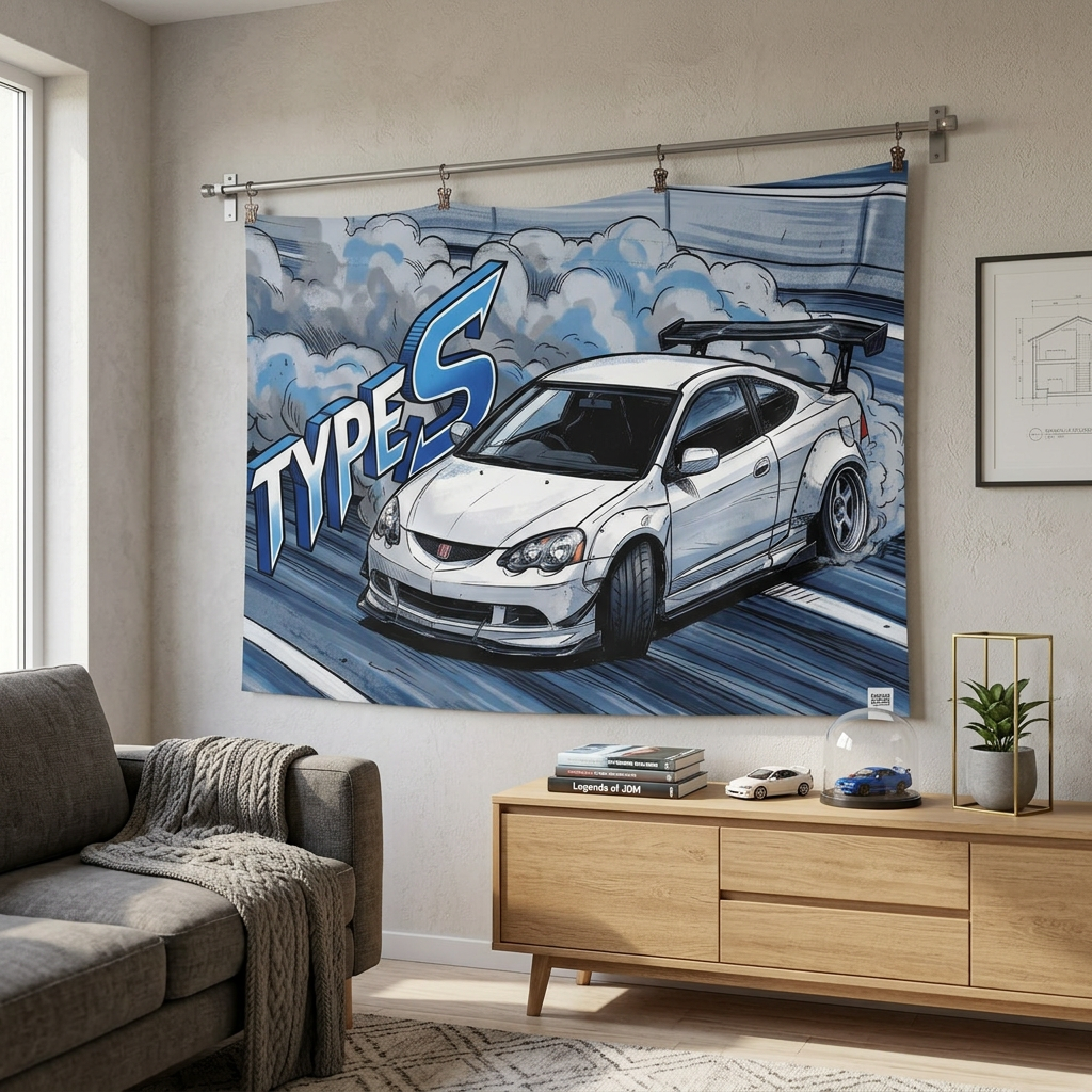 Honda Integra DC5 Type S White GT Wing Dark Wheels Low Front Track Bold Graphic Car Wall Art Tapestry