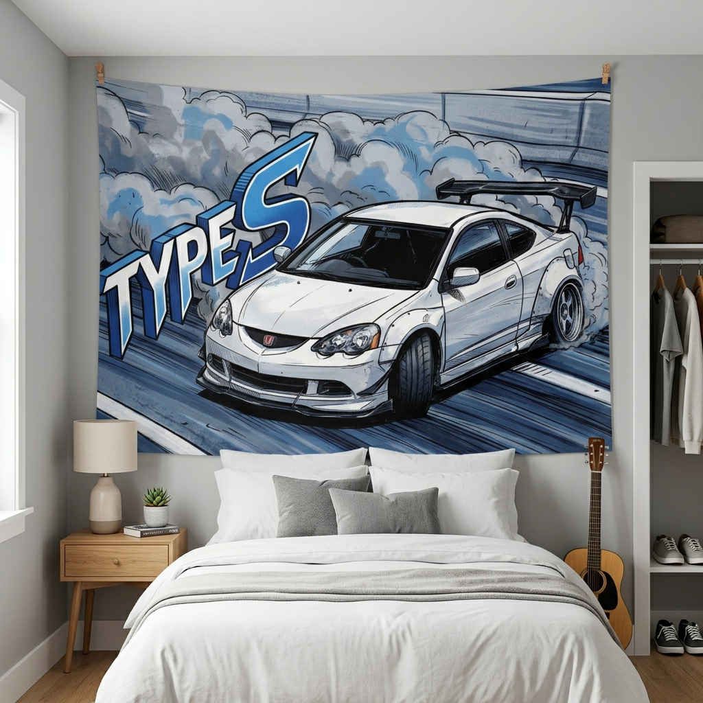 Honda Integra DC5 Type S White GT Wing Dark Wheels Low Front Track Bold Graphic Car Wall Art Tapestry