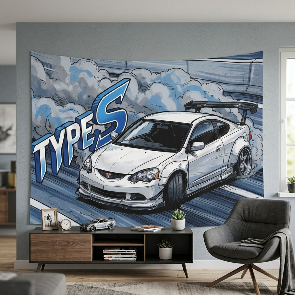 Honda Integra DC5 Type S White GT Wing Dark Wheels Low Front Track Bold Graphic Car Wall Art Tapestry