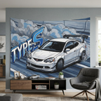 Honda Integra DC5 Type S White GT Wing Dark Wheels Low Front Track Bold Graphic Car Wall Art Tapestry