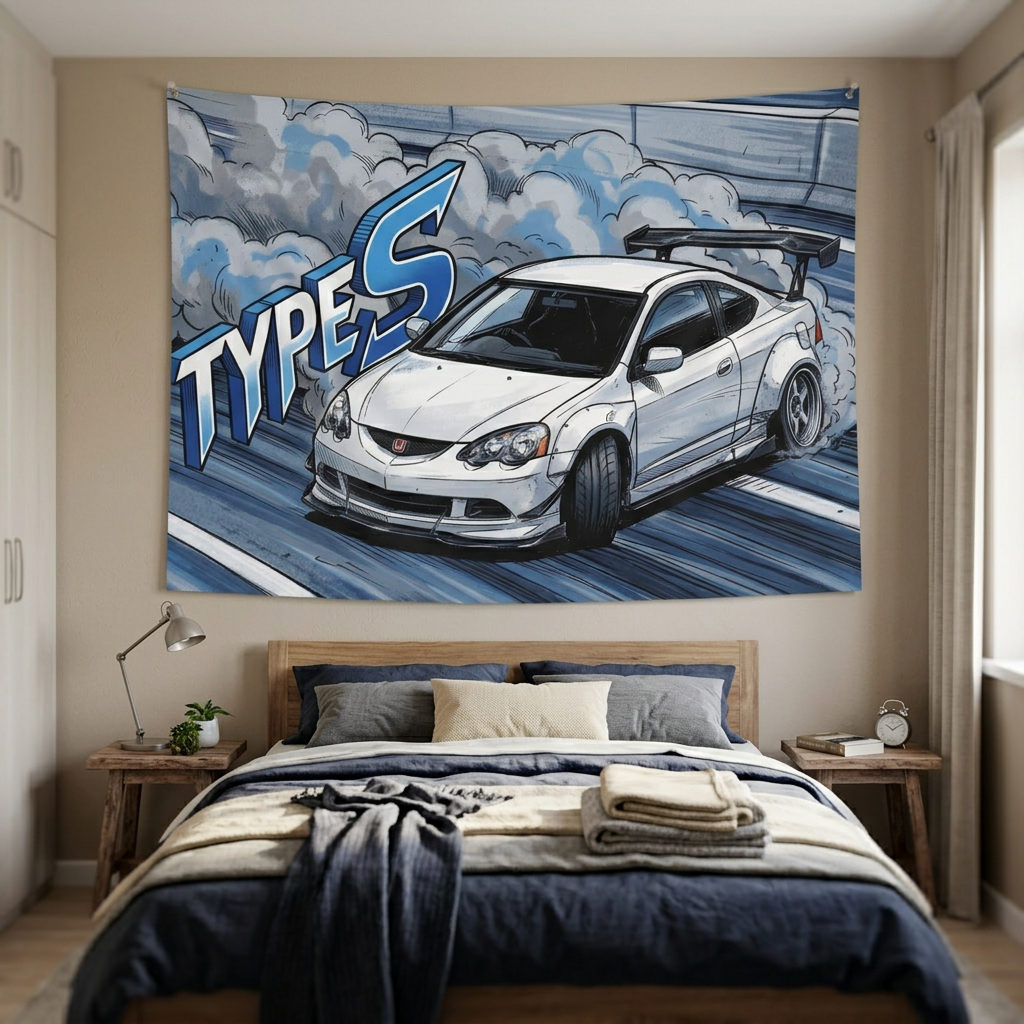Honda Integra DC5 Type S White GT Wing Dark Wheels Low Front Track Bold Graphic Car Wall Art Tapestry