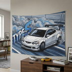 Honda Integra DC5 Type S White GT Wing Dark Wheels Low Front Track Bold Graphic Car Wall Art Tapestry