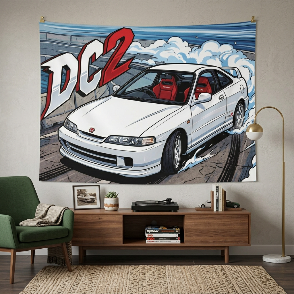 Honda Integra Type R DC2 White Red Recaro Interior Silver Wheels Street Bold Graphic Car Wall Art Tapestry