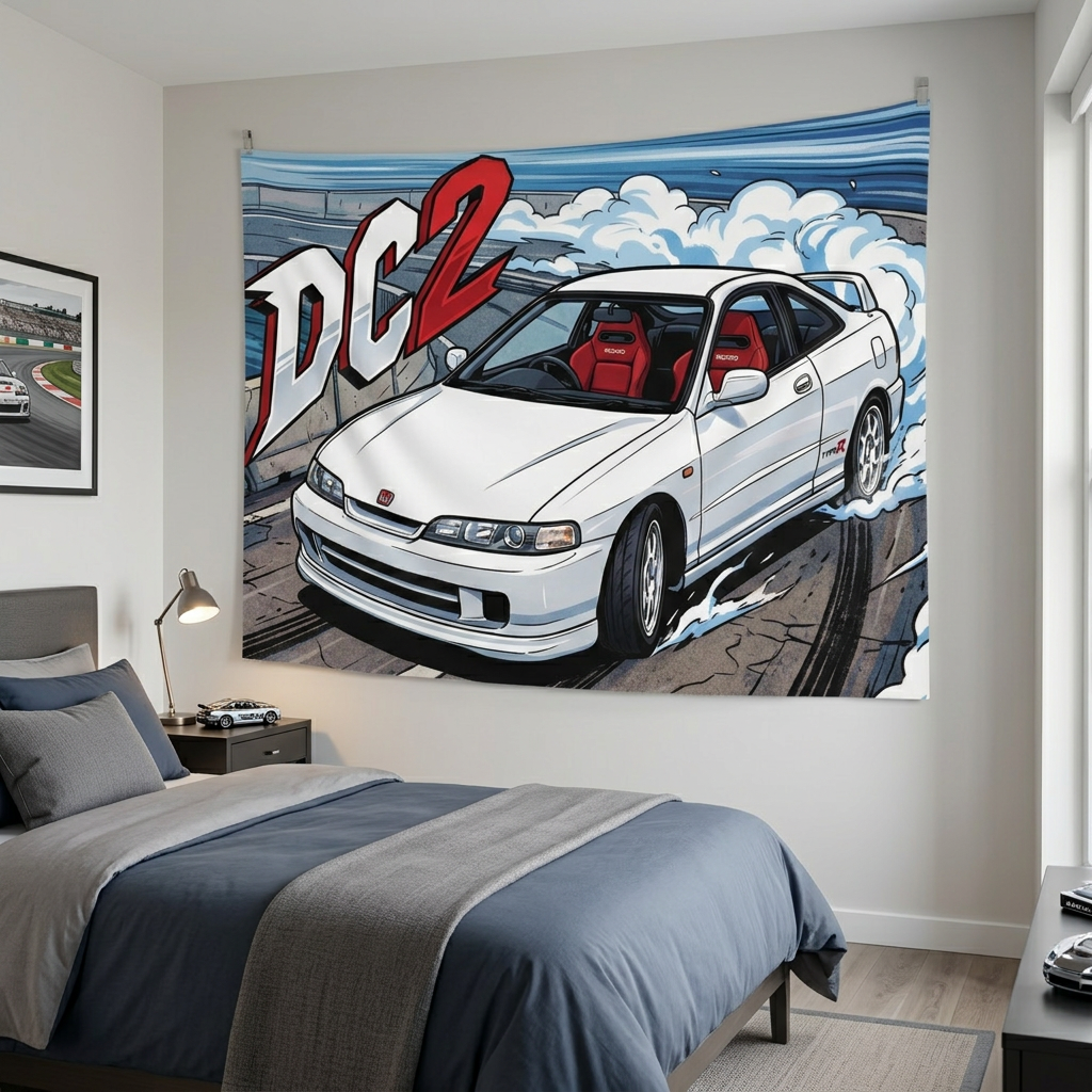 Honda Integra Type R DC2 White Red Recaro Interior Silver Wheels Street Bold Graphic Car Wall Art Tapestry