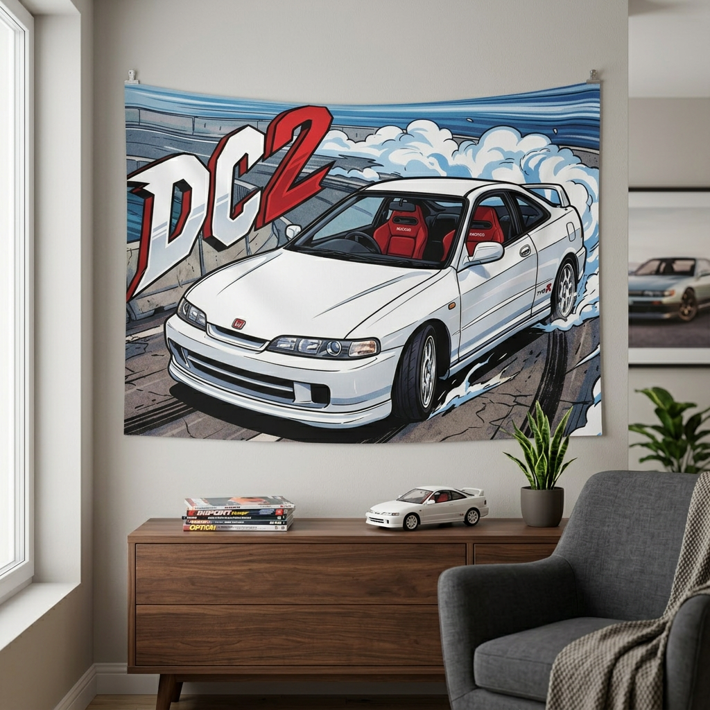 Honda Integra Type R DC2 White Red Recaro Interior Silver Wheels Street Bold Graphic Car Wall Art Tapestry