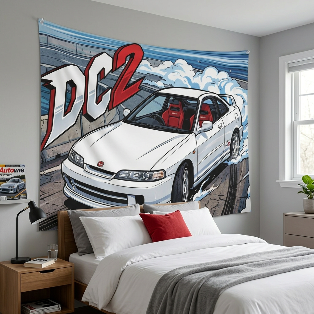 Honda Integra Type R DC2 White Red Recaro Interior Silver Wheels Street Bold Graphic Car Wall Art Tapestry
