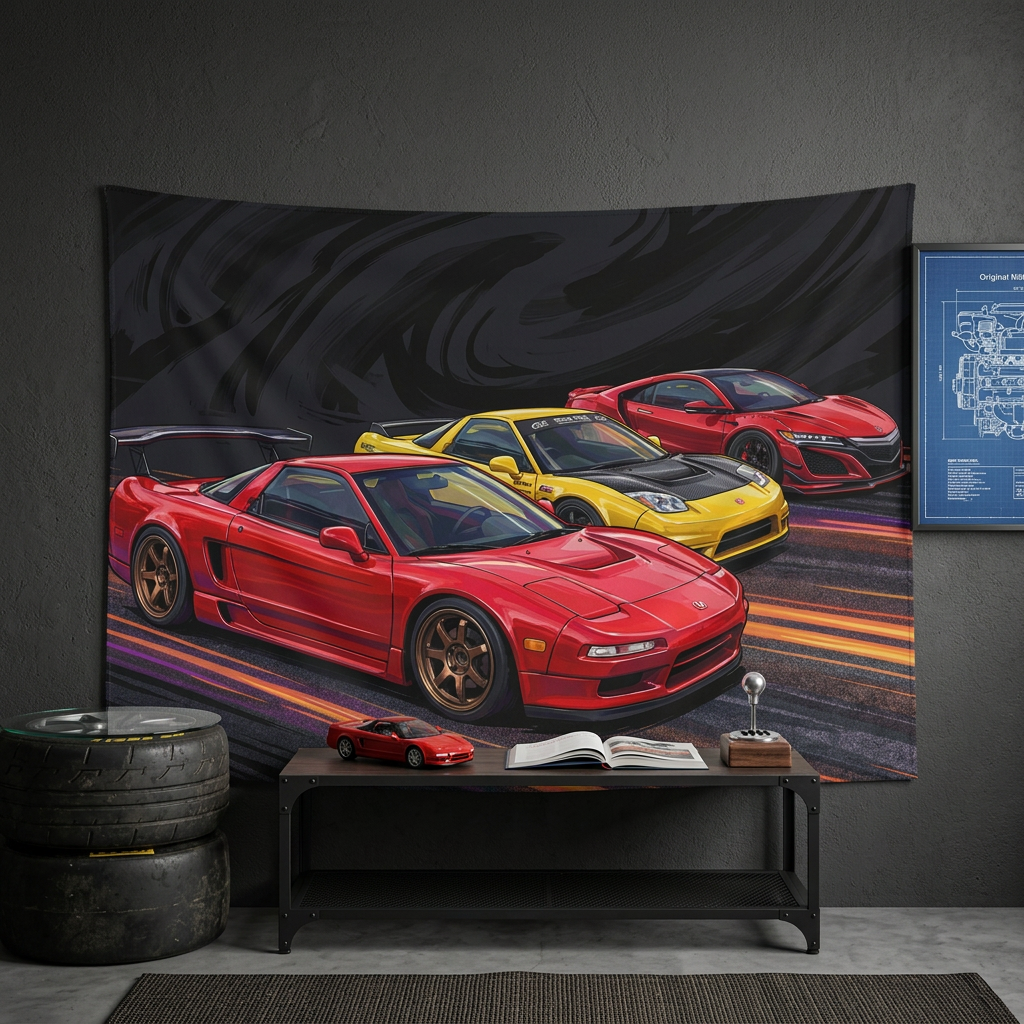 Honda NSX Generations Retro Modern Car Wall Art Tapestry