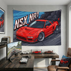 Honda NSX NA1 Red GT Wing Silver Wheels Low Front Street Bold Graphic Car Wall Art Tapestry